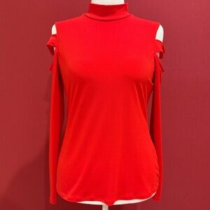 Bisou Bisou Red Cold-Shoulder Mock Neck Long Sleeve Top